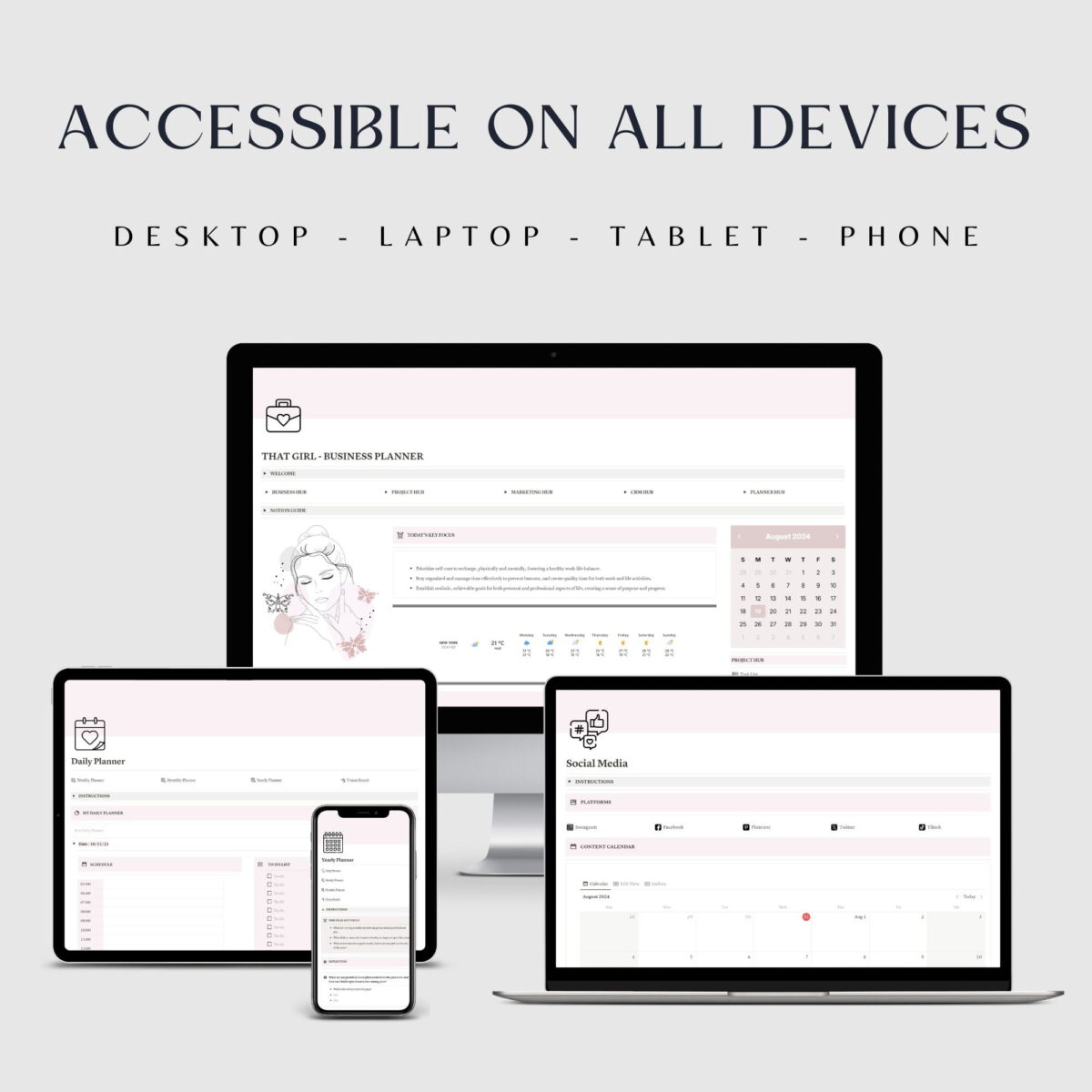 Notion template in pink colour displayed in an iPad